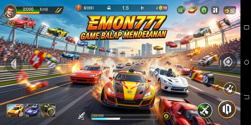 Screenshot gameplay EMON777 menampilkan aksi balap mendebarkan dan mobil yang kustom.