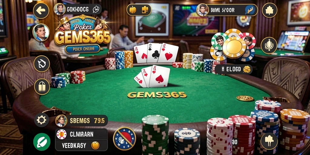 Screenshot utama GEMS365 menampilkan gameplay Poker yang seru.