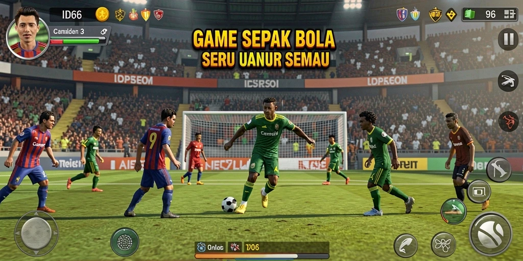 Tangkapan layar permainan ID66 menampilkan aksi seru di lapangan sepak bola.