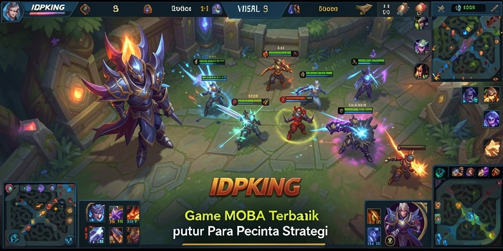 Screenshot gameplay menampilkan aksi seru dalam pertempuran MOBA.