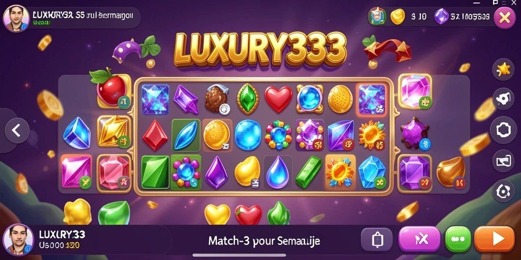 Screenshot gameplay LUXURY333 yang menampilkan kombinasi permata warna-warni.