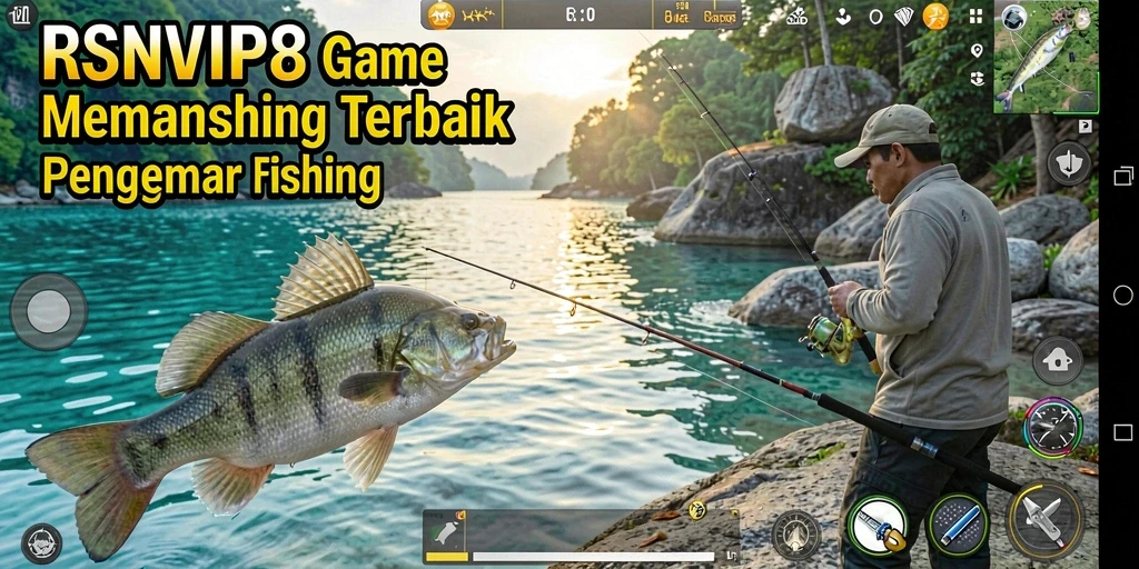 Screenshot gameplay RSNVIP8 menampilkan momen menangkap ikan di lokasi yang indah.