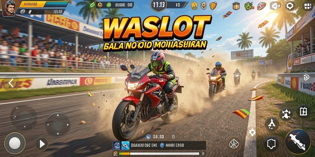 Screenshot gameplay WASLOT yang menunjukkan aksi balapan motor yang seru.