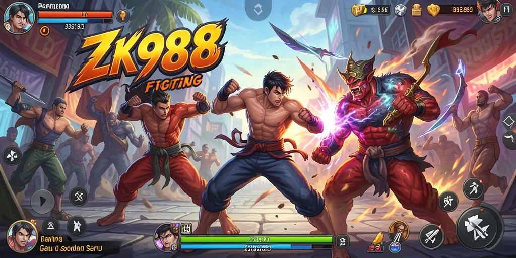 Screenshot gameplay <strong>ZK988</strong> menampilkan pertarungan seru antara dua karakter yang kuat.